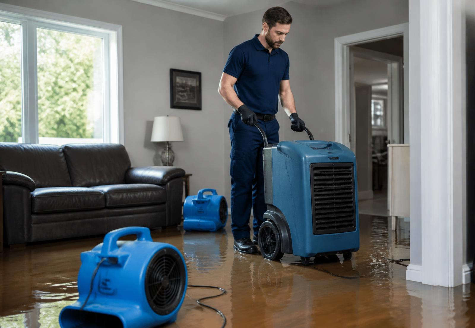 Restoration technician drying a flooded living room with air movers and a dehumidifier